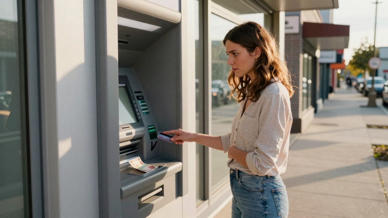 Mulher em camiseta clara usando cartão no caixa eletrônico na calçada de rua movimentada.