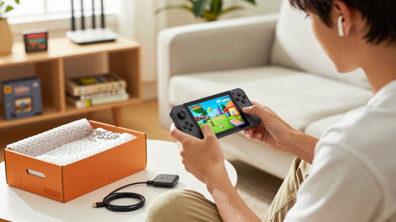 Pessoa jogando videogame portátil em sala com fones sem fio, caixa aberta e acessórios sobre mesa branca.