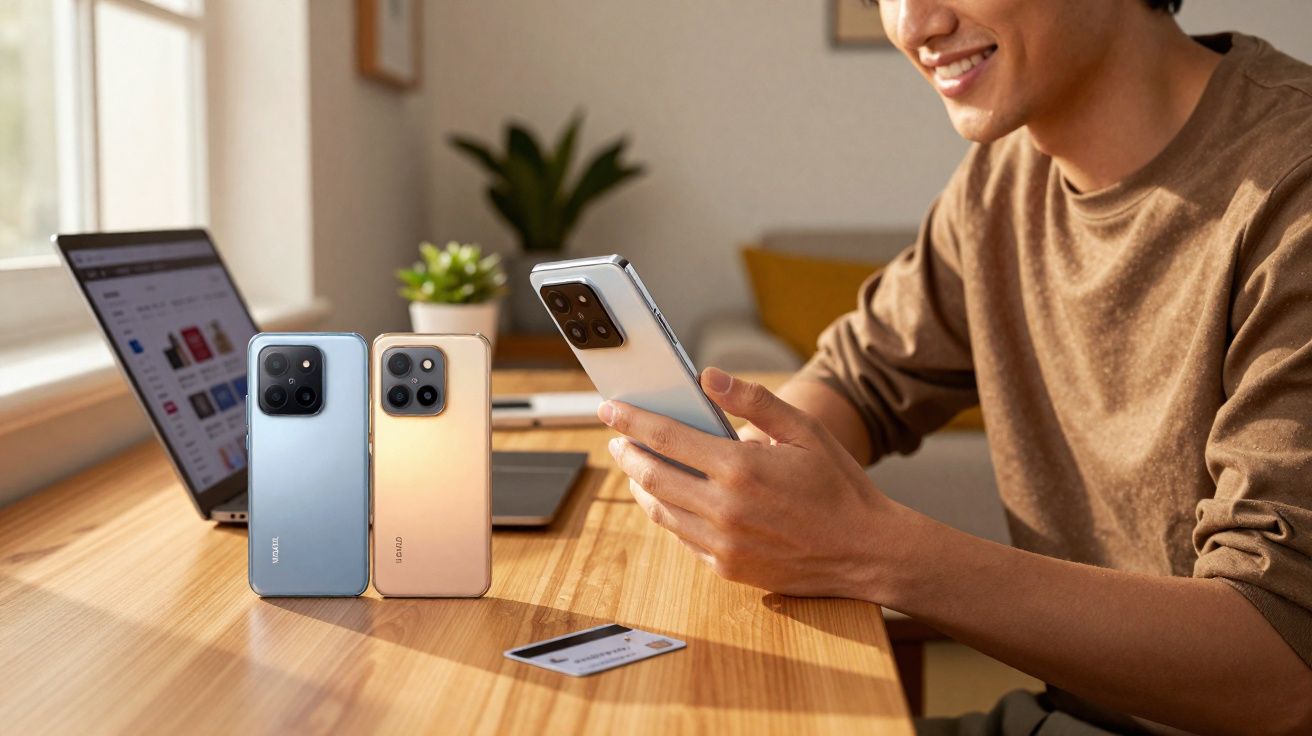 Homem sorrindo usando smartphone ao lado de dois celulares e laptop sobre mesa de madeira.