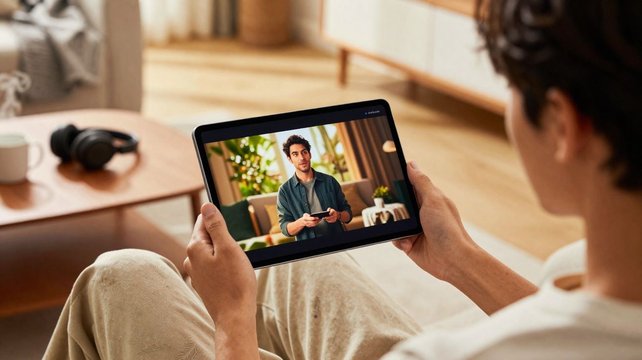 Pessoa assistindo vídeo de homem falando em tablet dentro de sala aconchegante.
