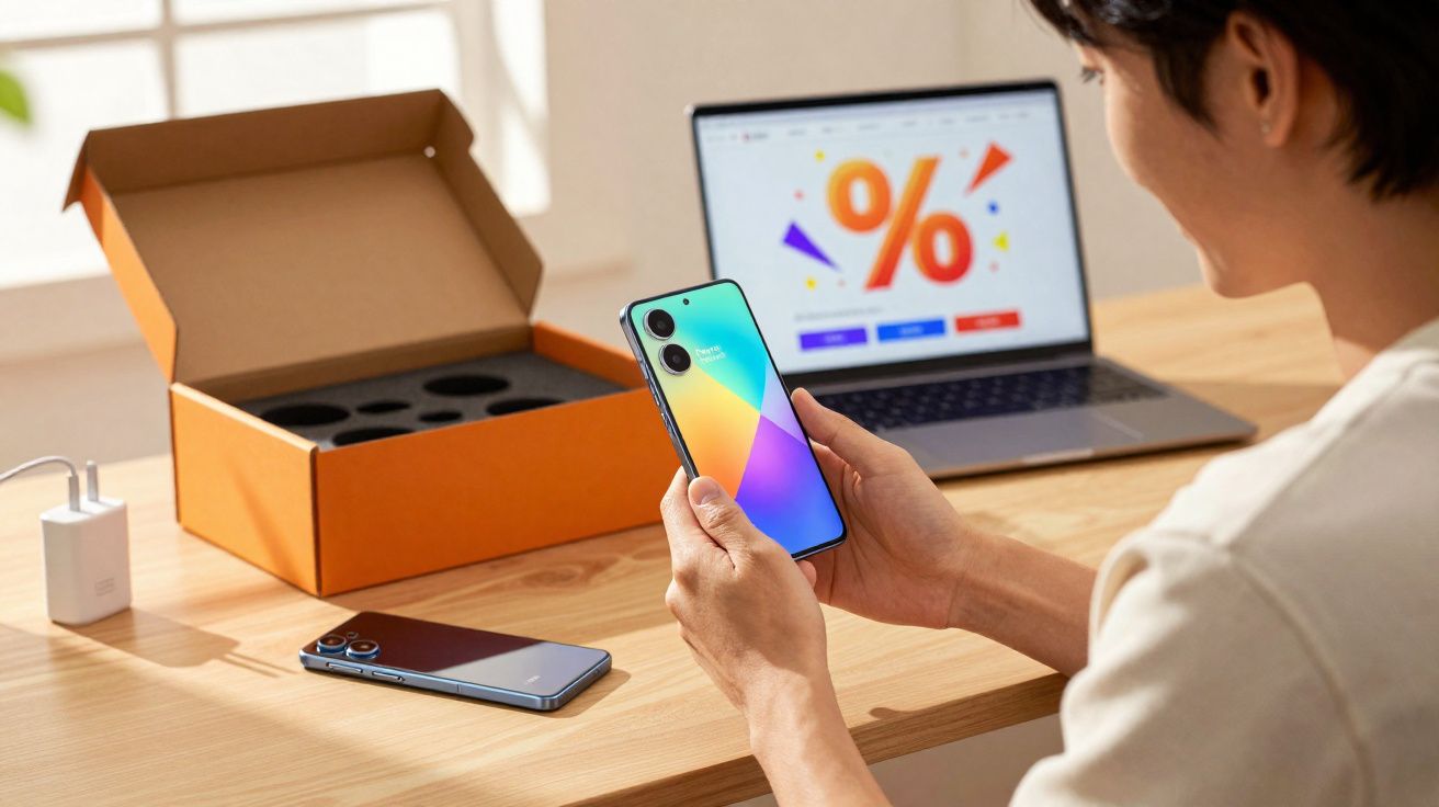 Pessoa segurando smartphone colorido com caixa aberta e laptop mostrando símbolo de porcentagem na mesa