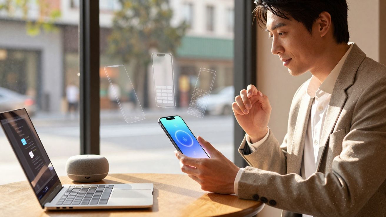 Homem usa smartphone com laptop e alto-falante inteligente em mesa próxima a janela iluminada.