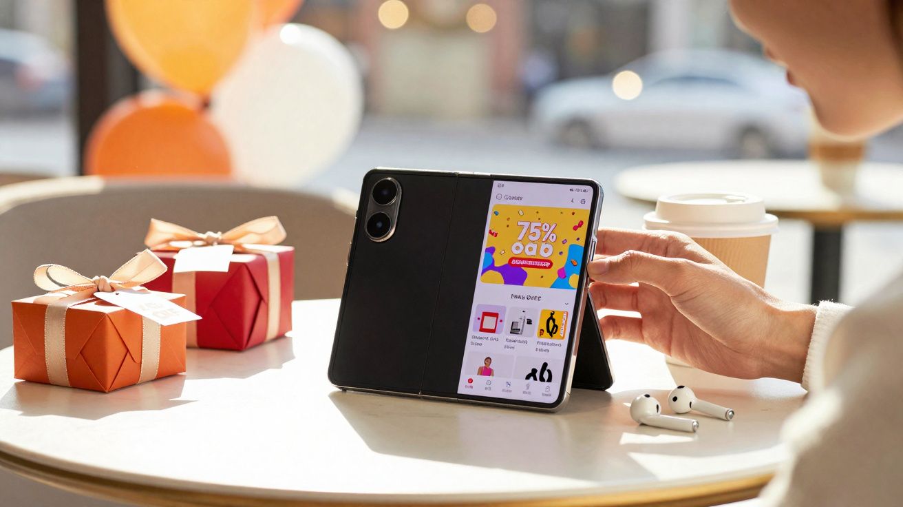 Pessoa interagindo com smartphone dobrável em mesa com presentes, copo de café e fones de ouvido sem fio.