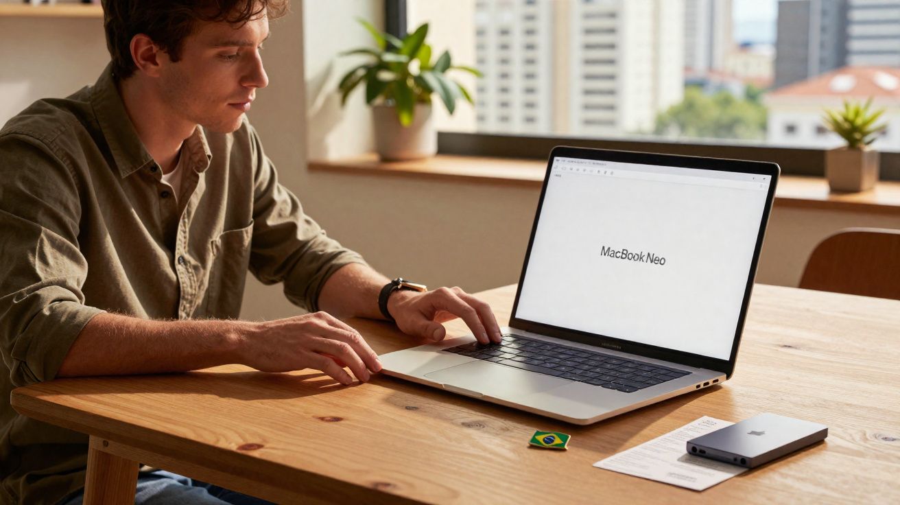 Homem sentado em mesa de madeira usando laptop MacBook Neo em ambiente claro com plantas ao fundo.