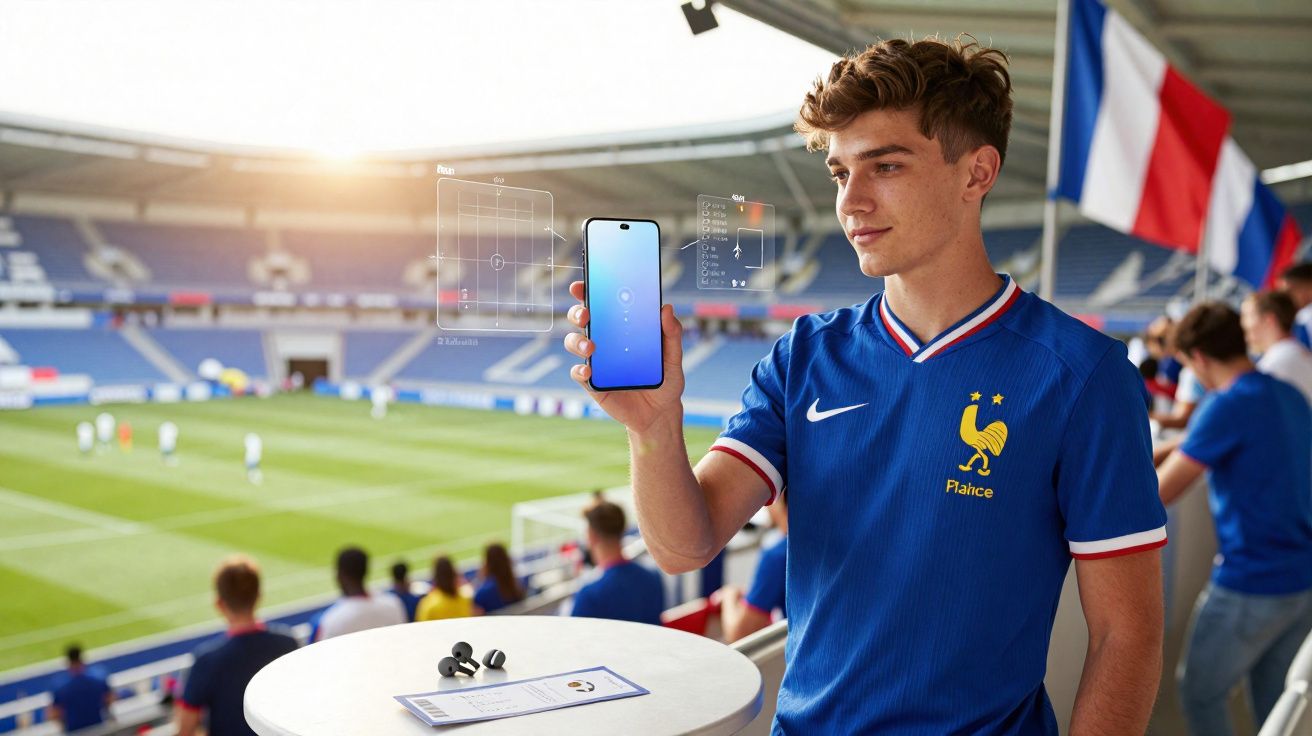 Jovem com camisa da França segura celular em estádio de futebol com torcida ao fundo.