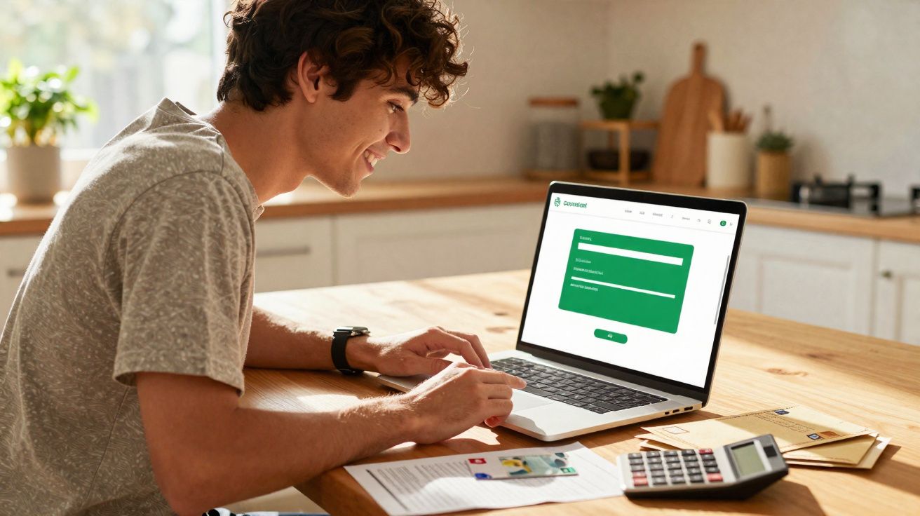 Jovem sorrindo e usando notebook para acessar sistema enquanto se senta à mesa com documentos e calculadora.