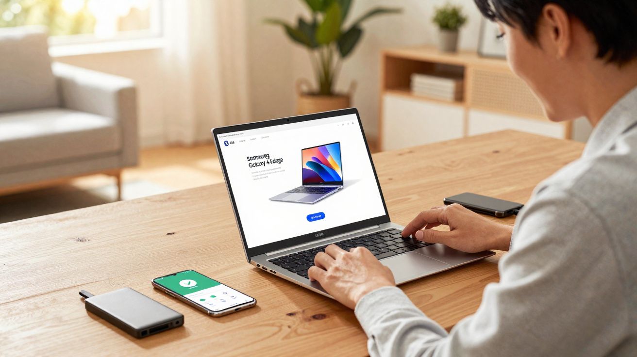 Pessoa usando laptop Samsung em mesa com celular e power bank em ambiente interno iluminado.
