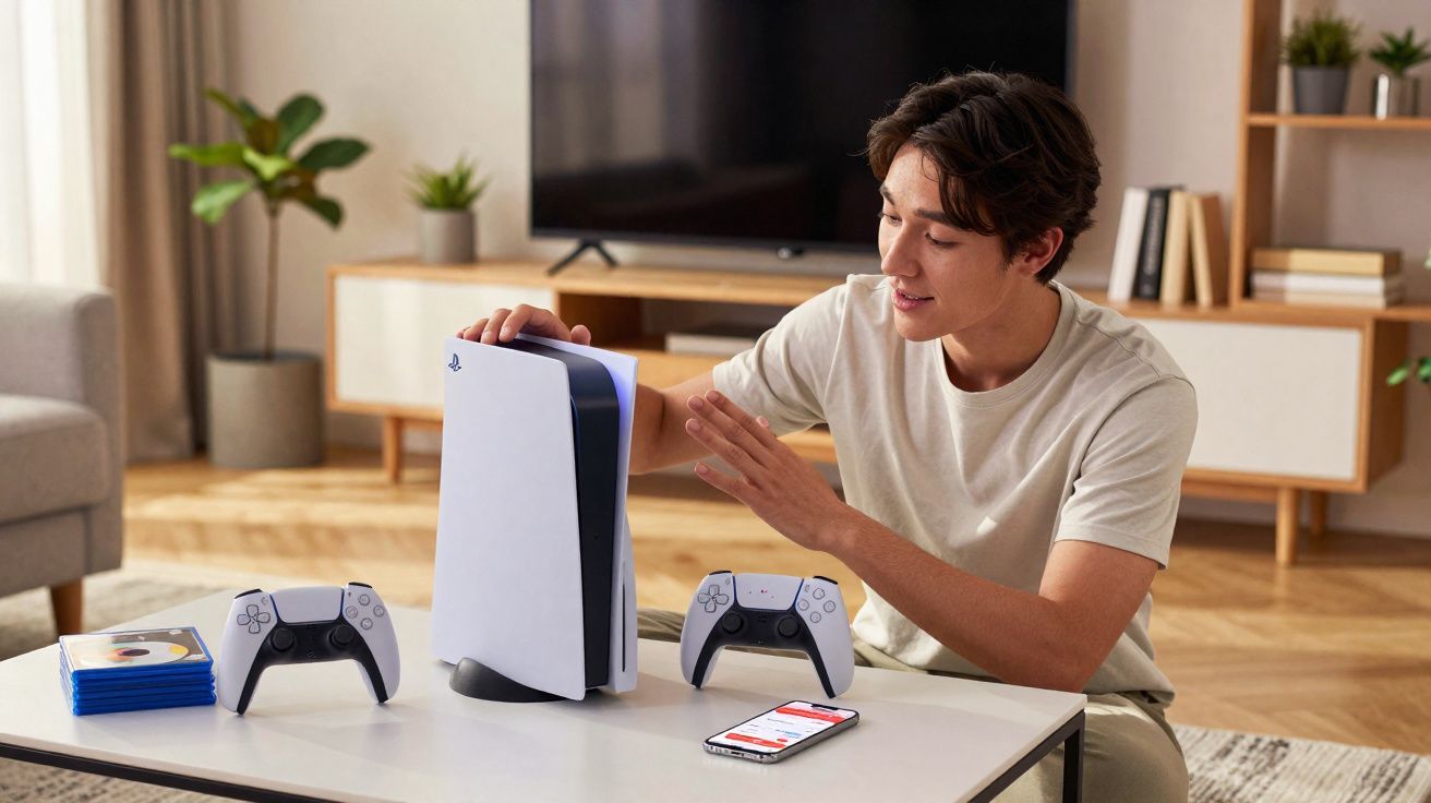 Jovem sentado à mesa com videogame PlayStation 5, dois controles e videogames em caixa azul.