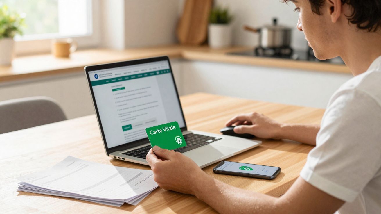 Pessoa segurando cartão Carte Vitale verde perto de laptop e celular sobre mesa de madeira em ambiente claro.