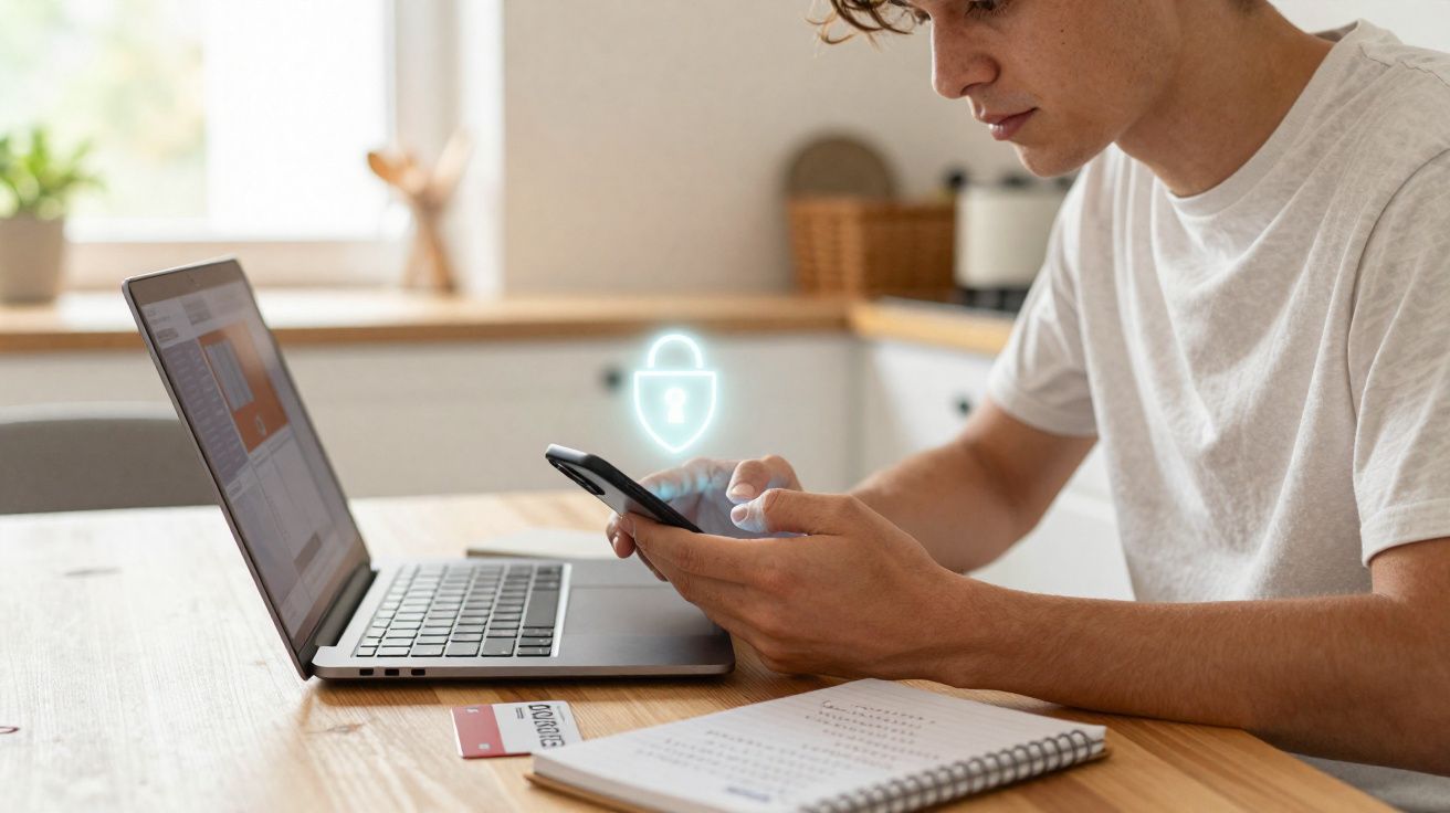 Jovem usa smartphone com símbolo de cadeado flutuando, segurança digital, computador e caderno na mesa.