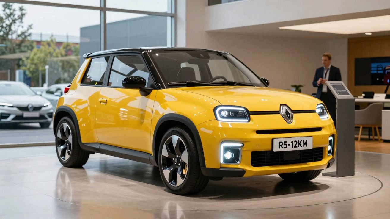 Carro compacto amarelo Renault com teto preto exibido em showroom moderno.