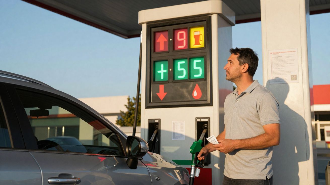Homem abastecendo carro em posto de gasolina com painel digital mostrando preços do combustível.