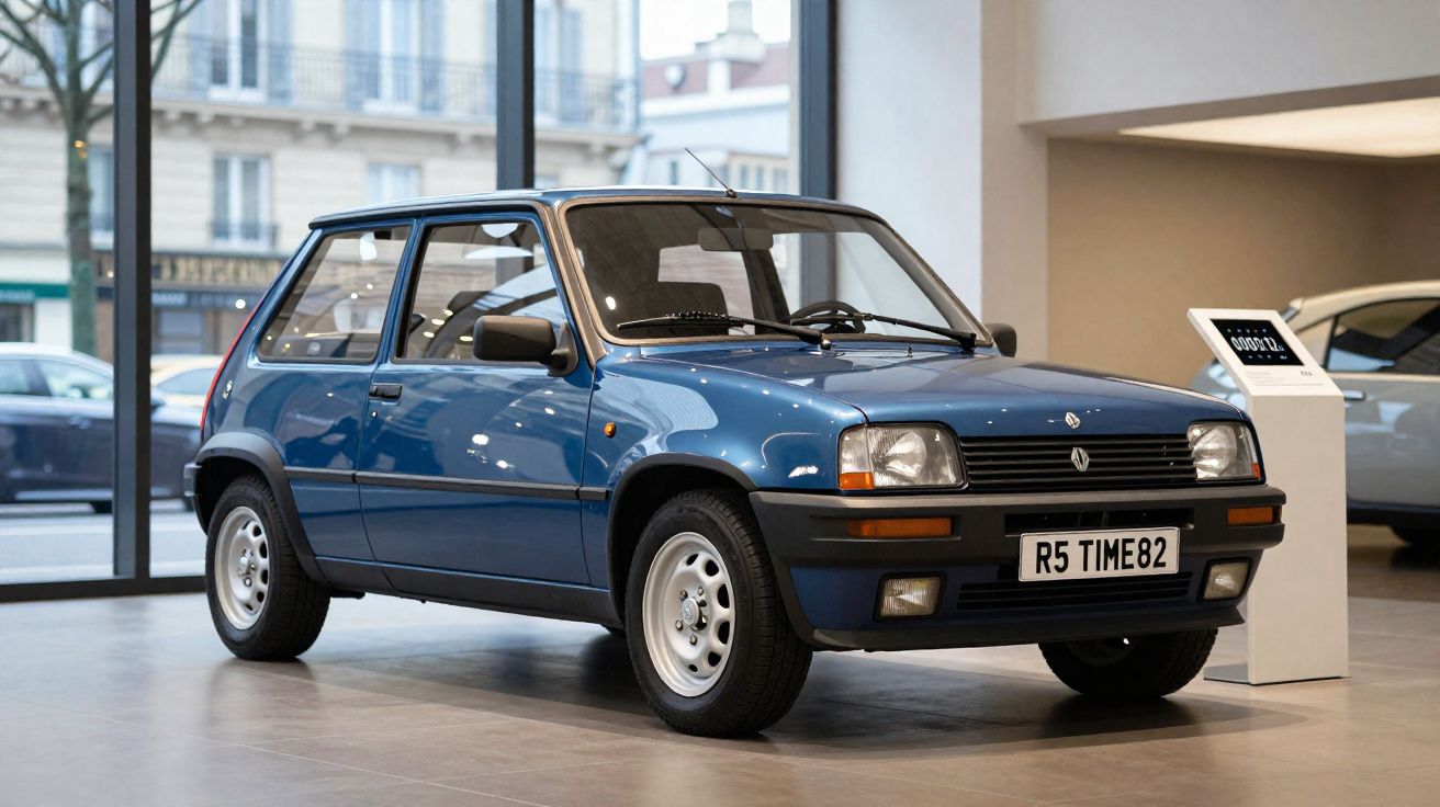 Carro Renault 5 azul em exposição interna com placas personalizadas R5 TIME82.