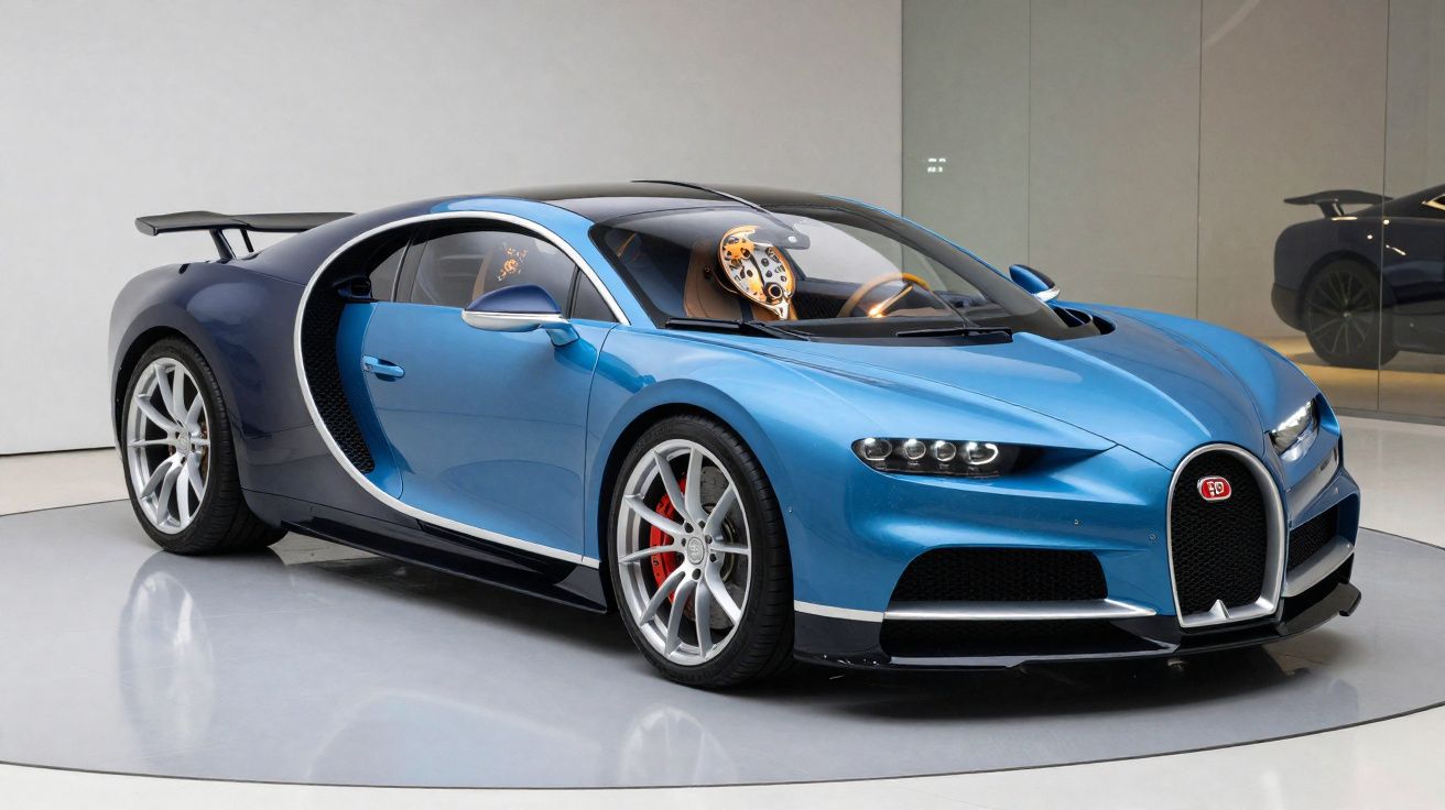 Carro esportivo azul metálico com design aerodinâmico exposto em showroom moderno.