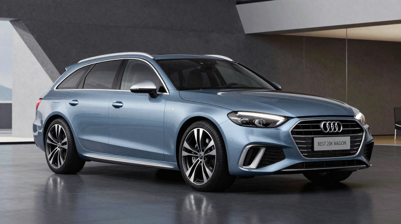 Carro Audi station wagon azul metálico com design moderno em ambiente interno minimalista.