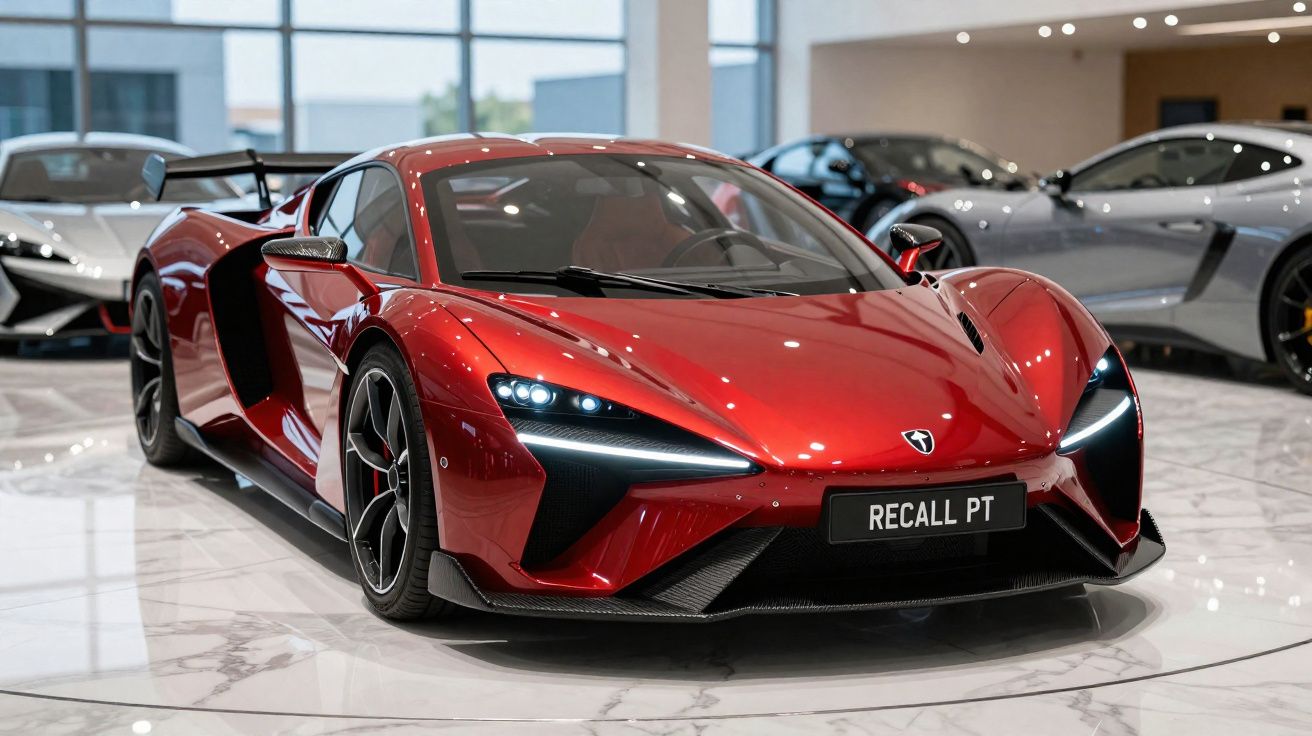 Carro esportivo vermelho com design aerodinâmico em showroom moderno e fundo com outros carros.