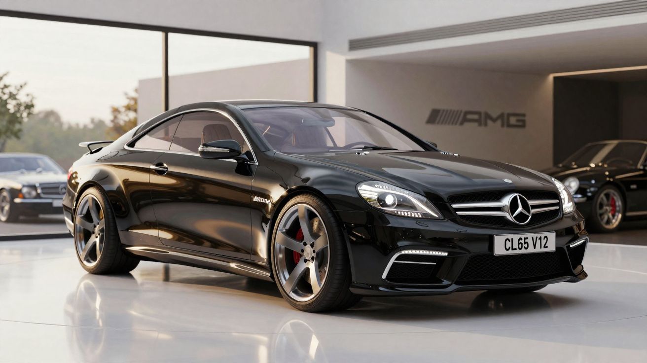 Carro esportivo preto Mercedes-Benz AMG com faróis acesos em ambiente interno moderno.