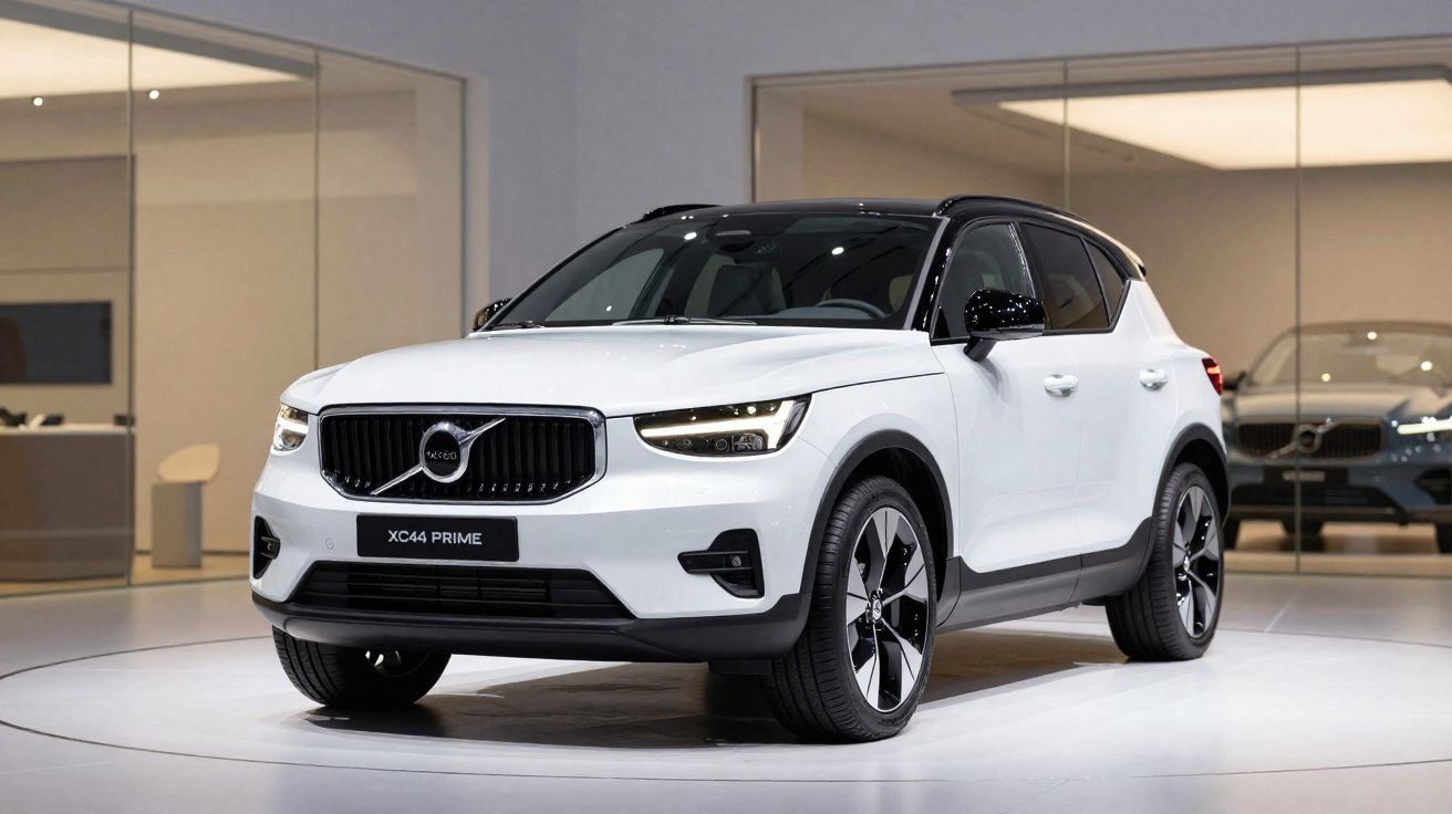 SUV Volvo XC44 Prime branco exposto em showroom moderno com vidro ao fundo.