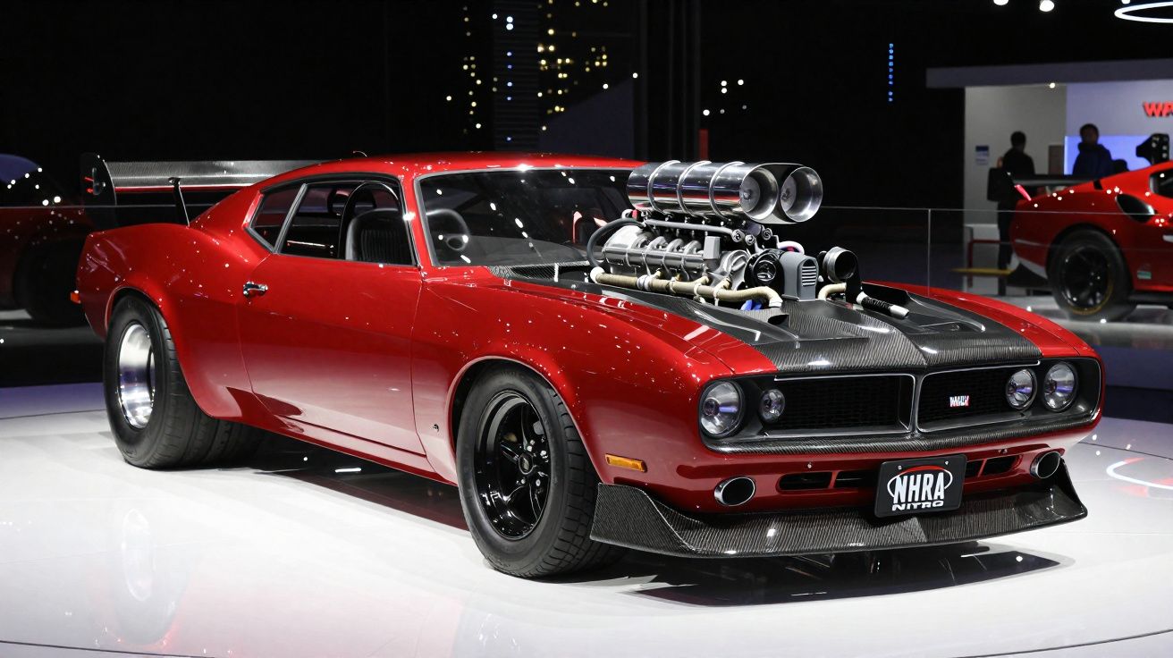 Carro muscle vermelho com motor exposto e grande turbocompressor em exposição noturna.