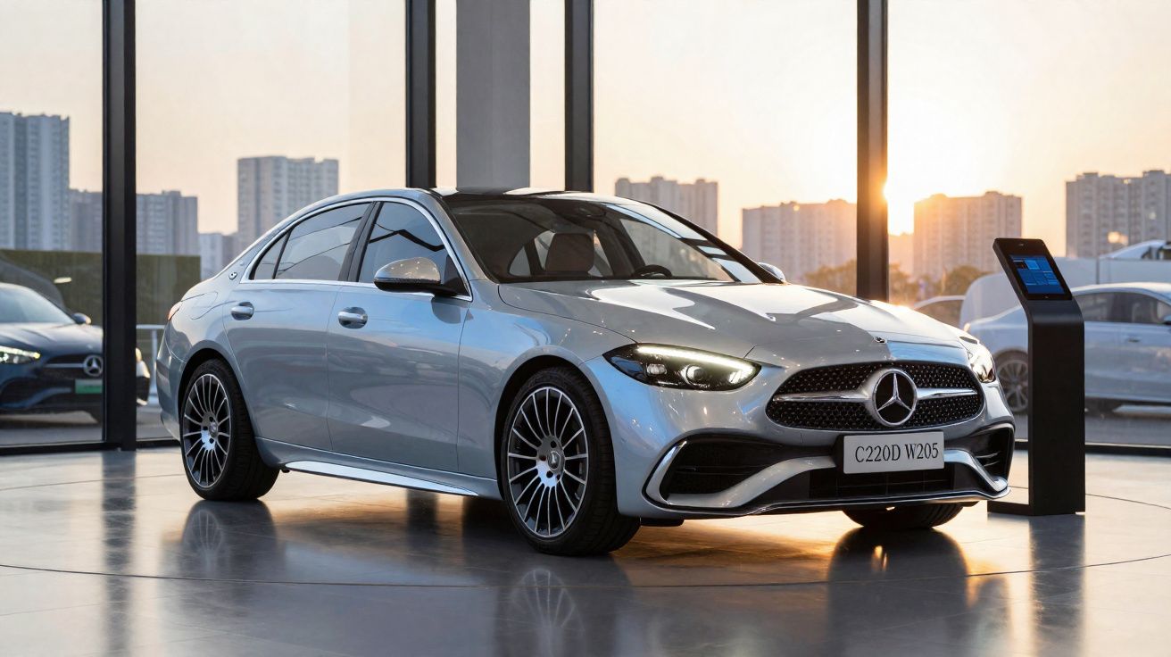Mercedes-Benz C220D W205 prata estacionado em showroom moderno com luz do pôr do sol ao fundo.