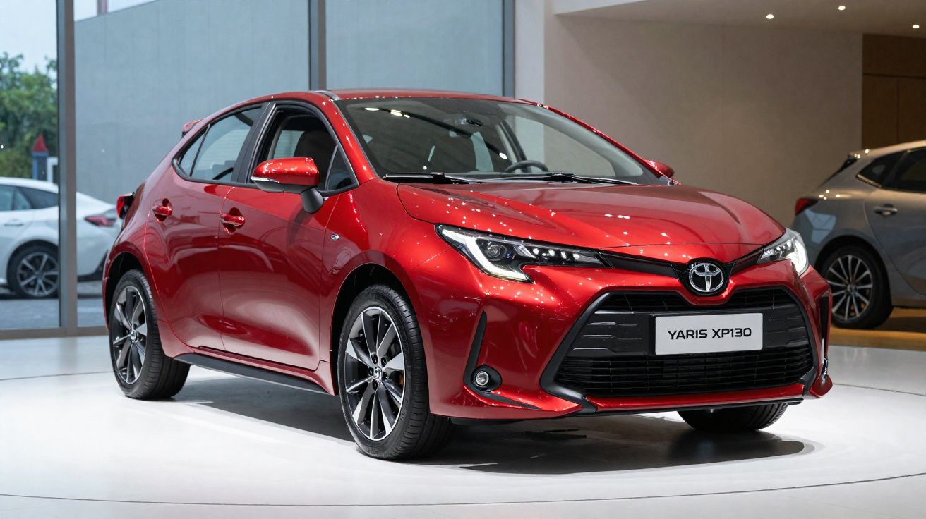 Carro vermelho Toyota Yaris XP130 exposto em sala com iluminação natural e piso branco.