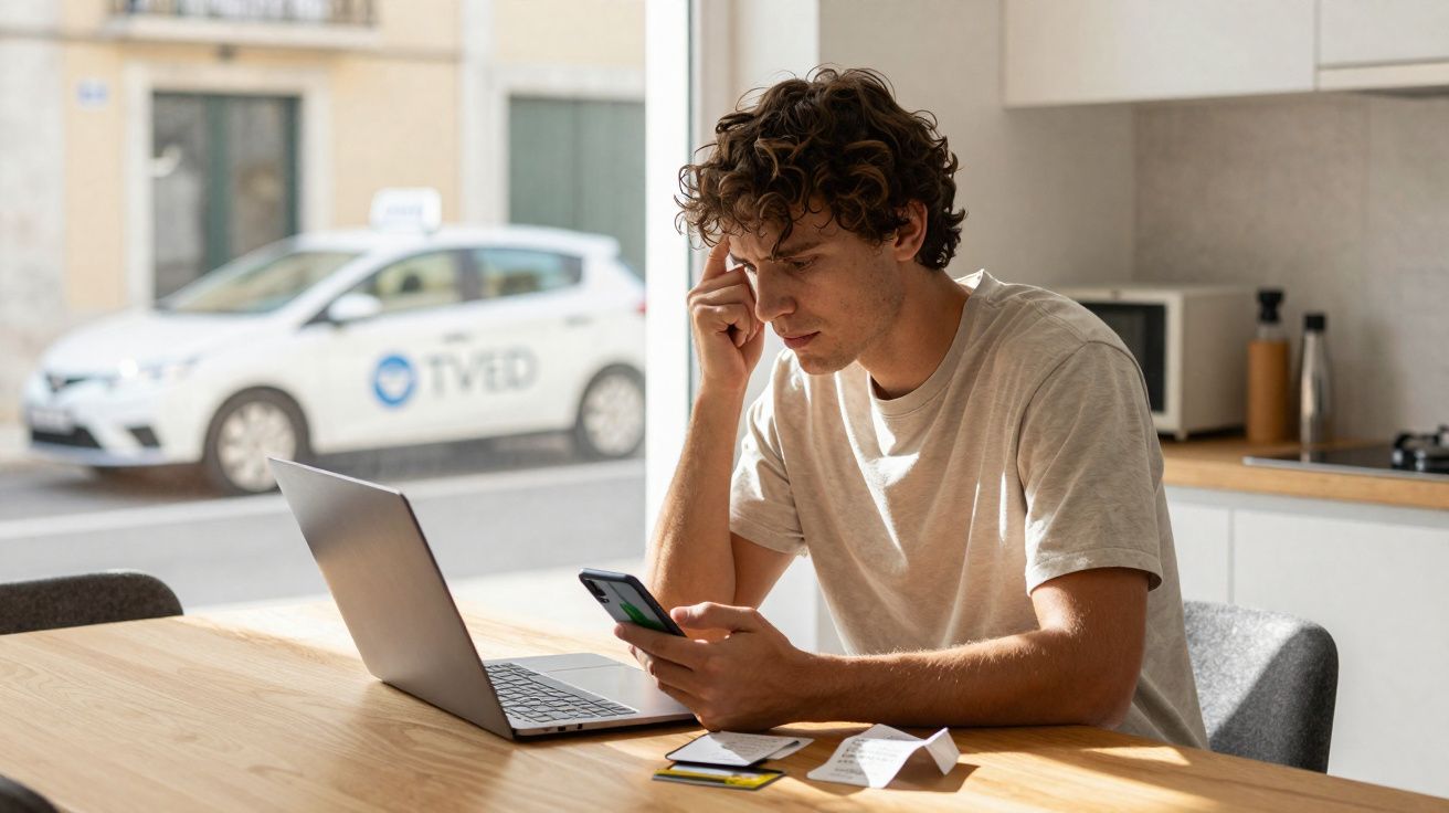 Homem pensativo usando celular e laptop, sentado à mesa numa cozinha iluminada por luz natural.