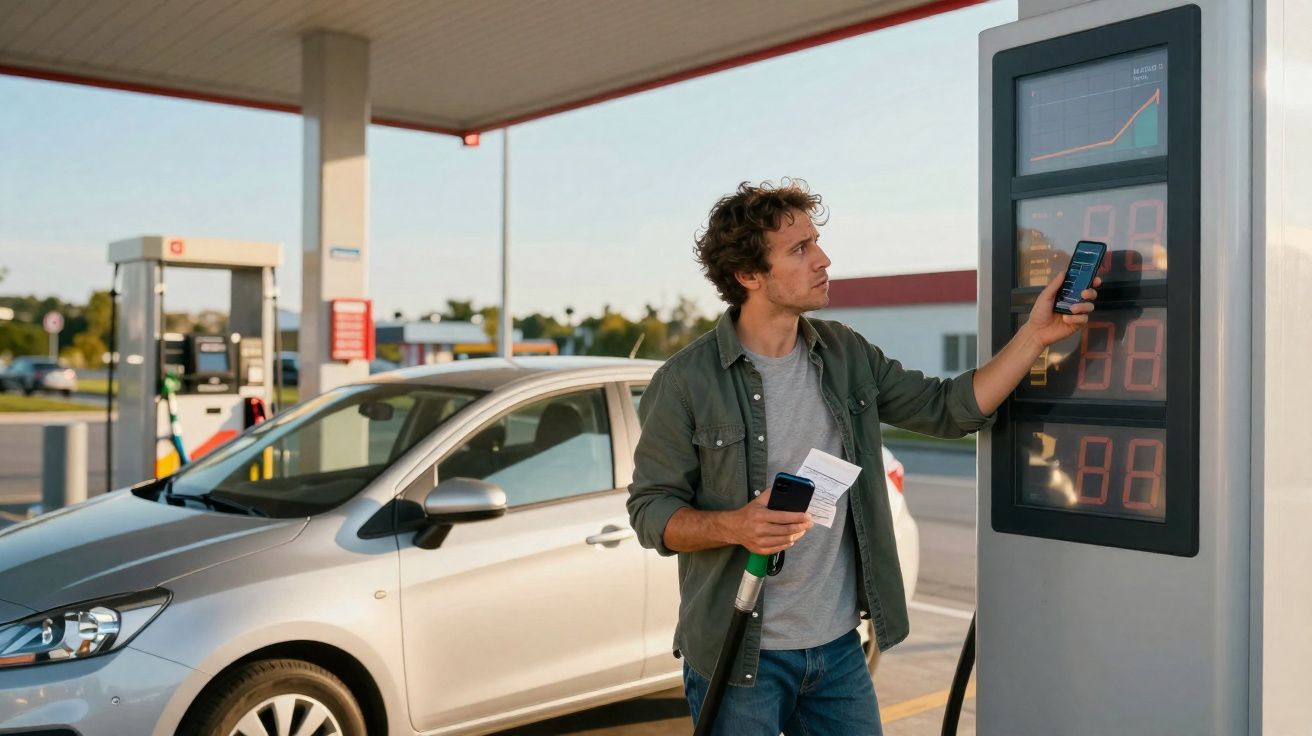 Homem com celular e nota fiscal abastecendo carro prateado em posto de combustível ao ar livre.