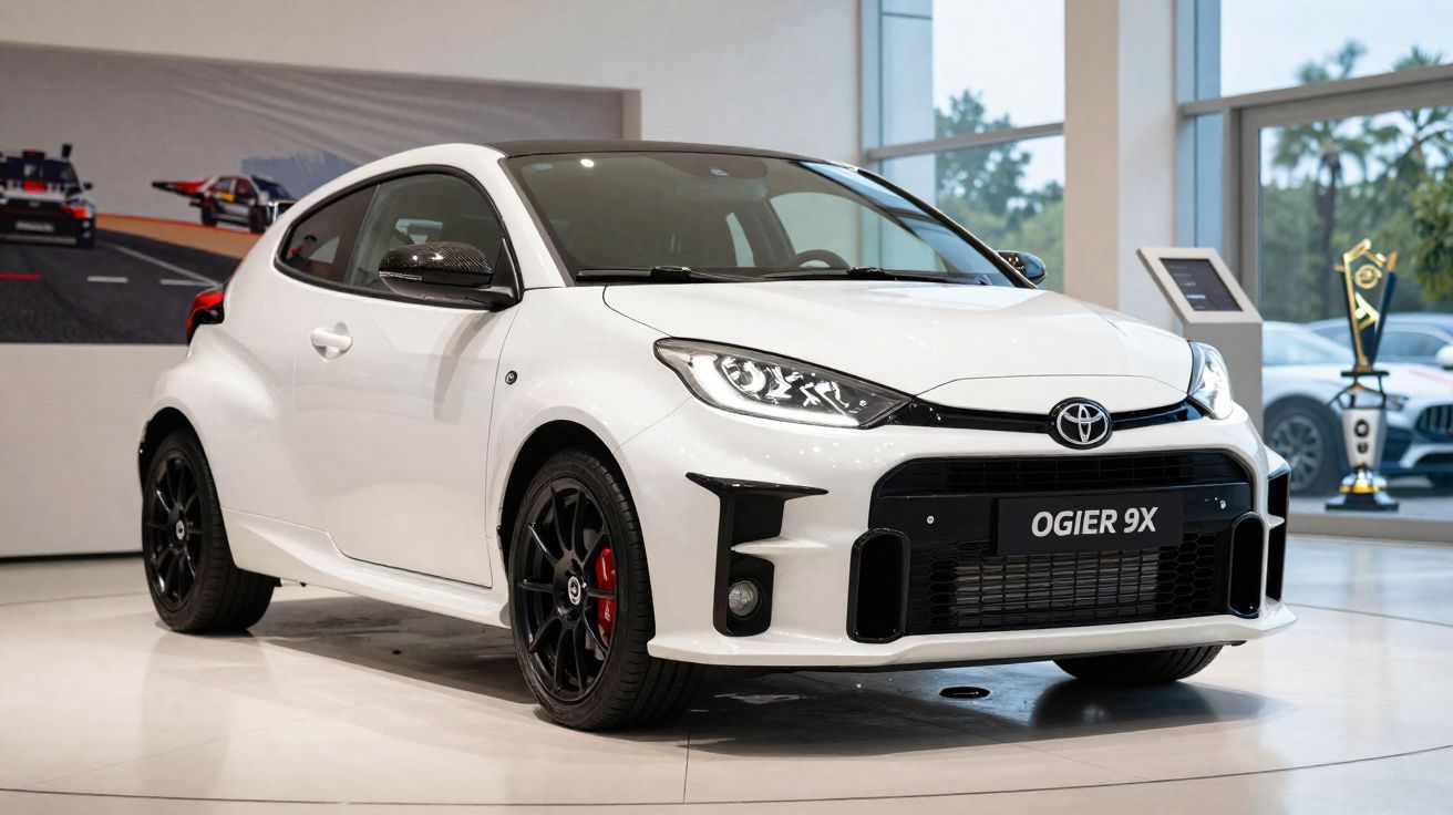 Carro branco esportivo Toyota Ogier 9X exibido em showroom moderno, com rodas pretas e detalhes vermelhos.
