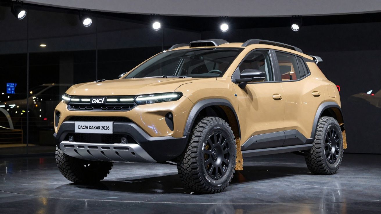 SUV Dacia Dakar 2026 bege com pneus robustos em exibição em ambiente interno moderno.