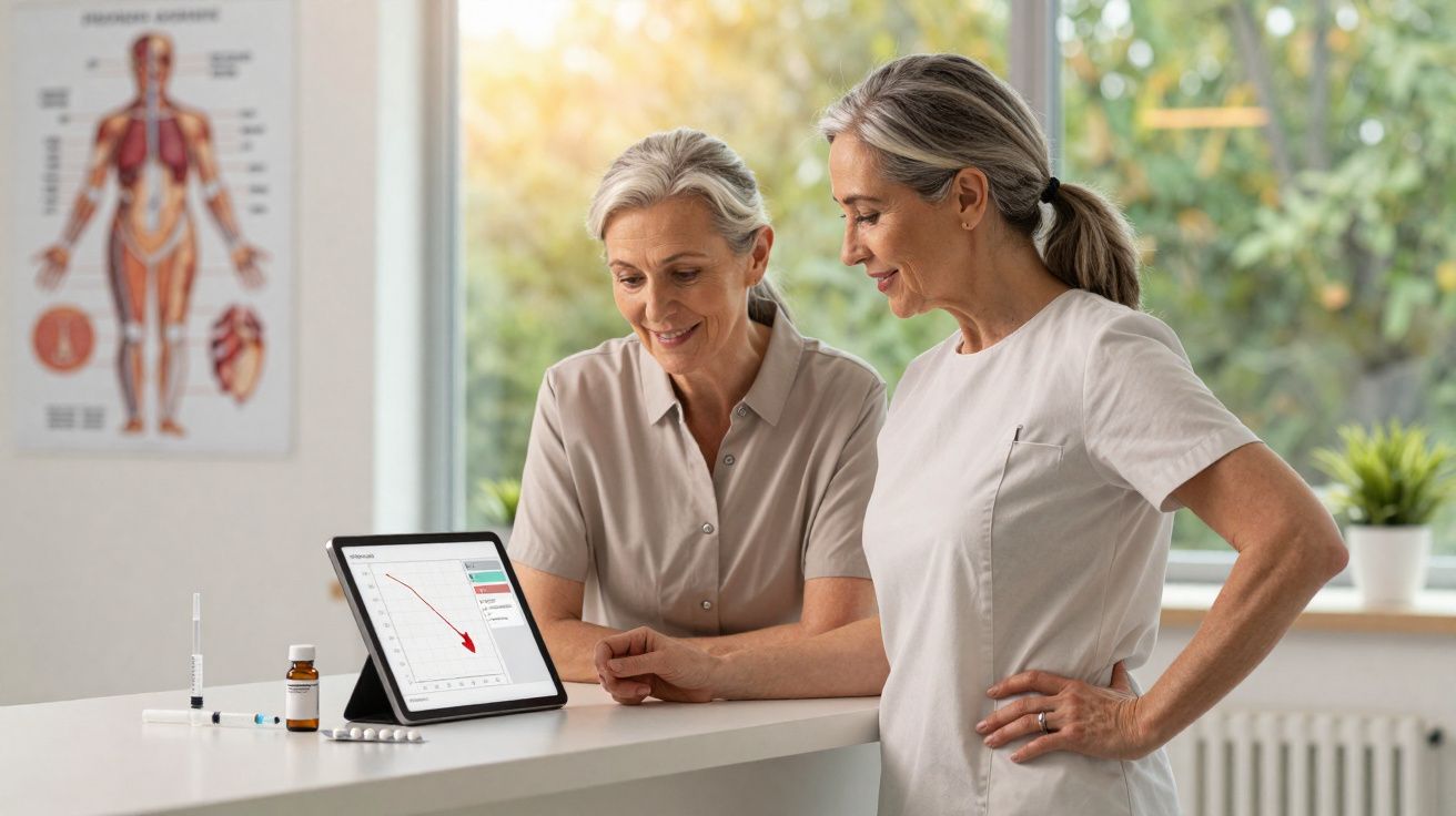 Duas mulheres maduras observando gráficos em tablet, em consultório médico com medicamentos sobre a bancada.