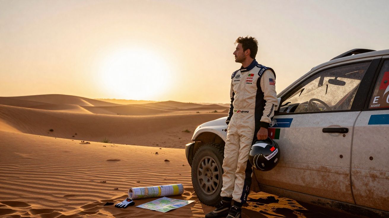 Homem com macacão de corrida apoia-se em carro 4x4 no deserto ao pôr do sol com mapas no chão.