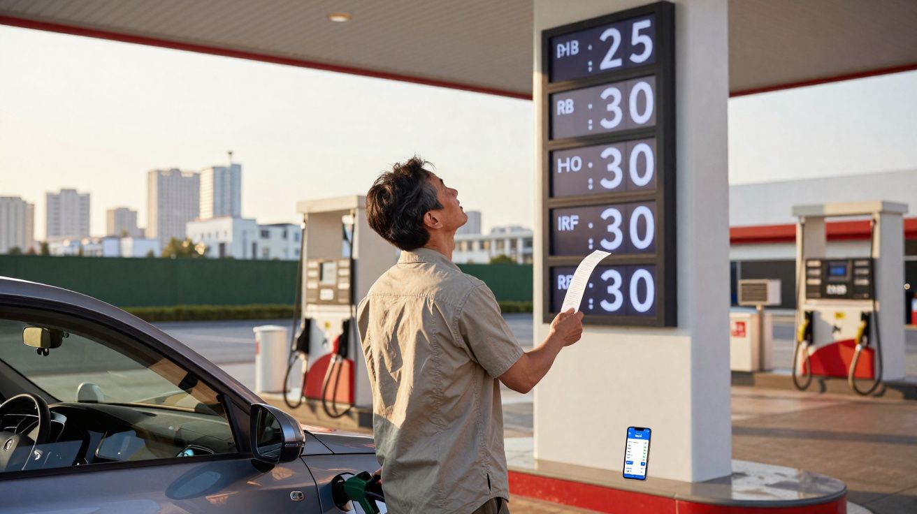 Homem em posto de gasolina observa tabela de preços enquanto abastece carro cinza.
