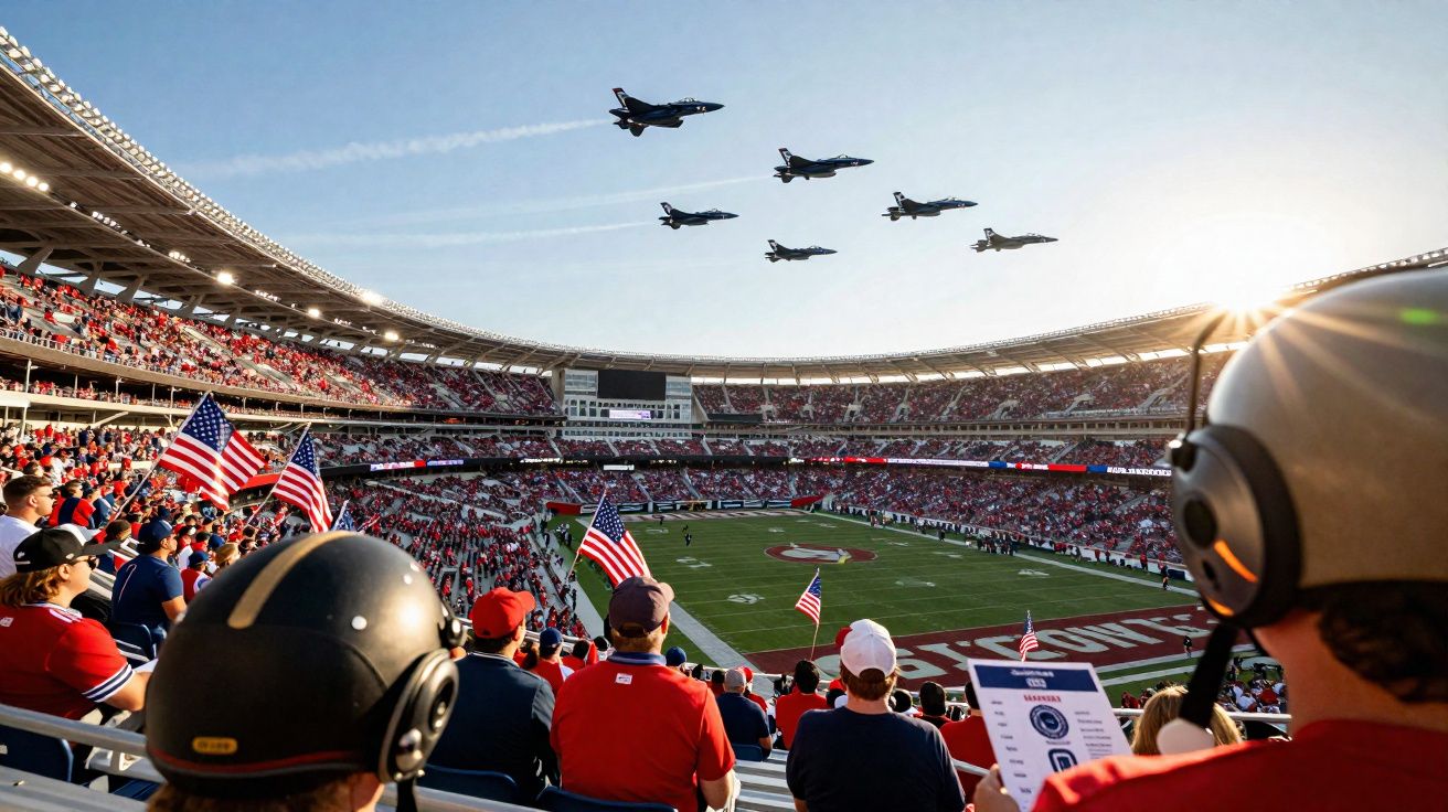 Público em estádio de futebol americano observa esquadrão de jatos militares voando em formação no céu ensolarado.