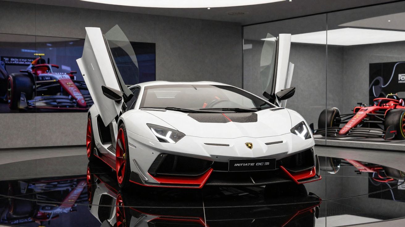Carro esportivo Lamborghini branco com detalhes vermelhos e portas abertas em showroom moderno com carro de corrida ao fundo.