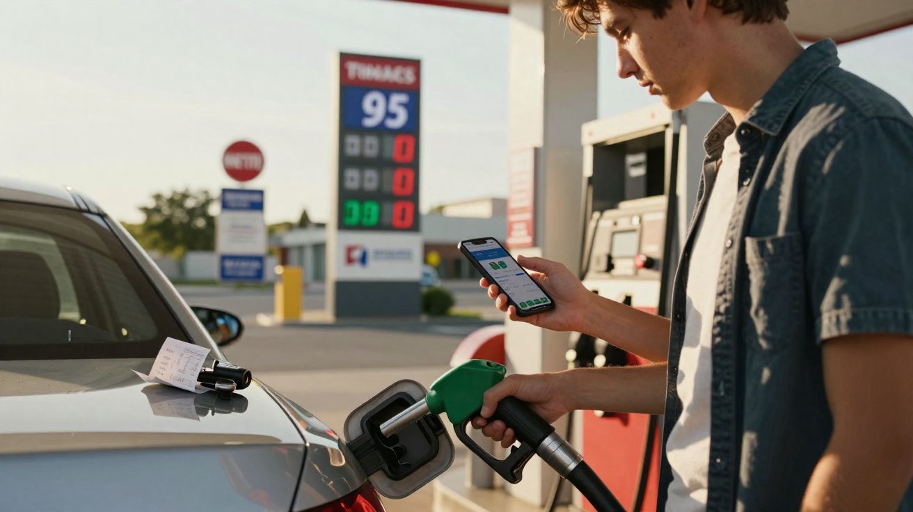 Homem abastecendo carro em posto de combustível enquanto usa smartphone na mão direita.