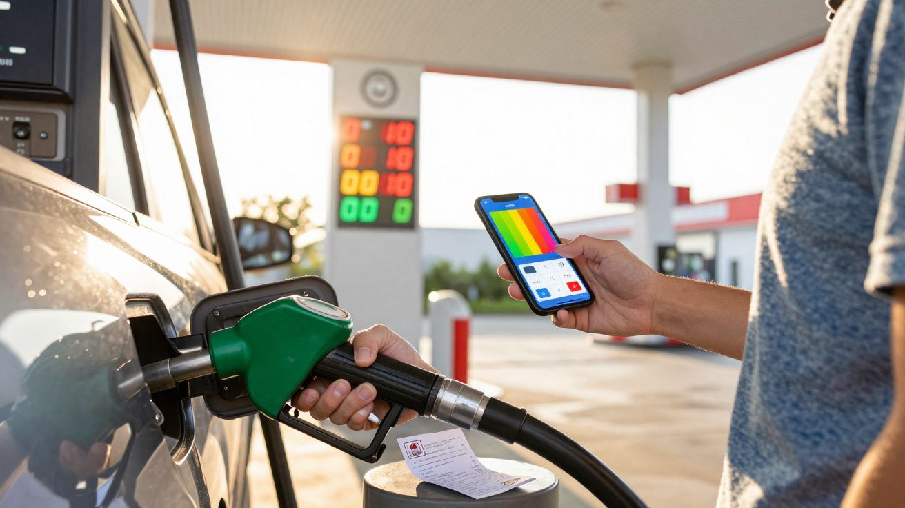 Pessoa segurando smartphone e abastecendo carro com bomba verde em posto de gasolina.