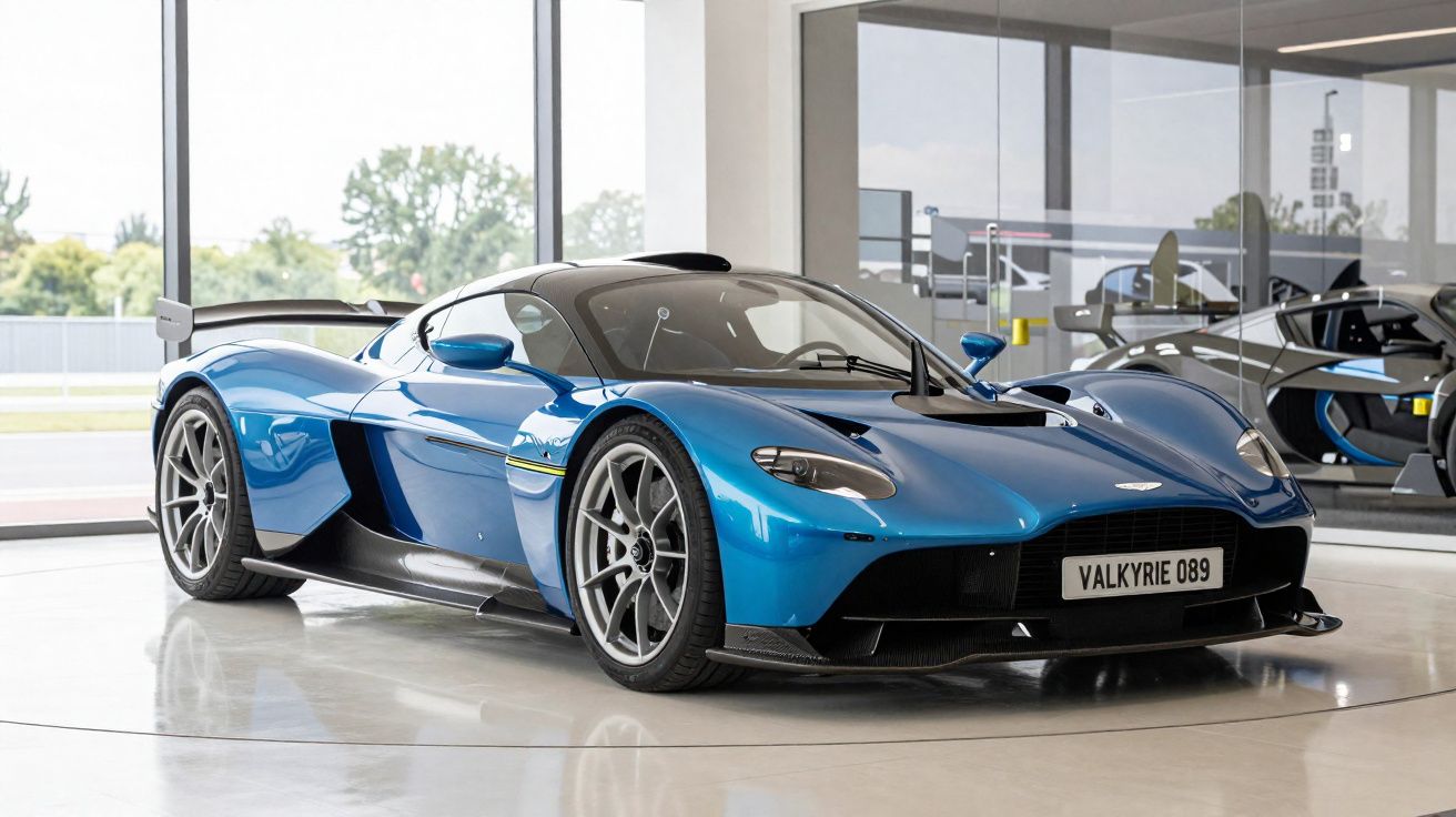 Carro esportivo azul metálico Aston Martin Valkyrie exibido em showroom com piso branco e paredes de vidro.