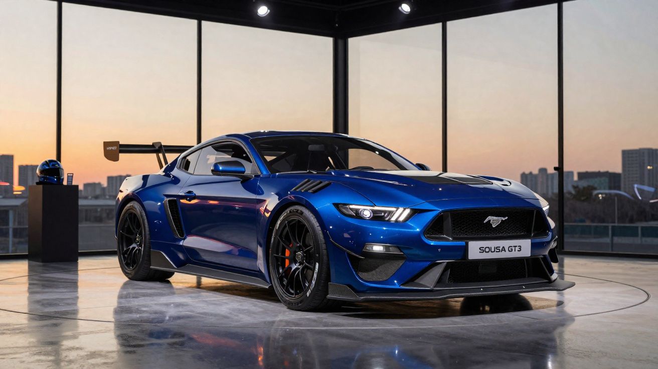 Carro esportivo azul Ford Mustang Shelby GT3 em exposição com fundo de janelas e céu ao entardecer.