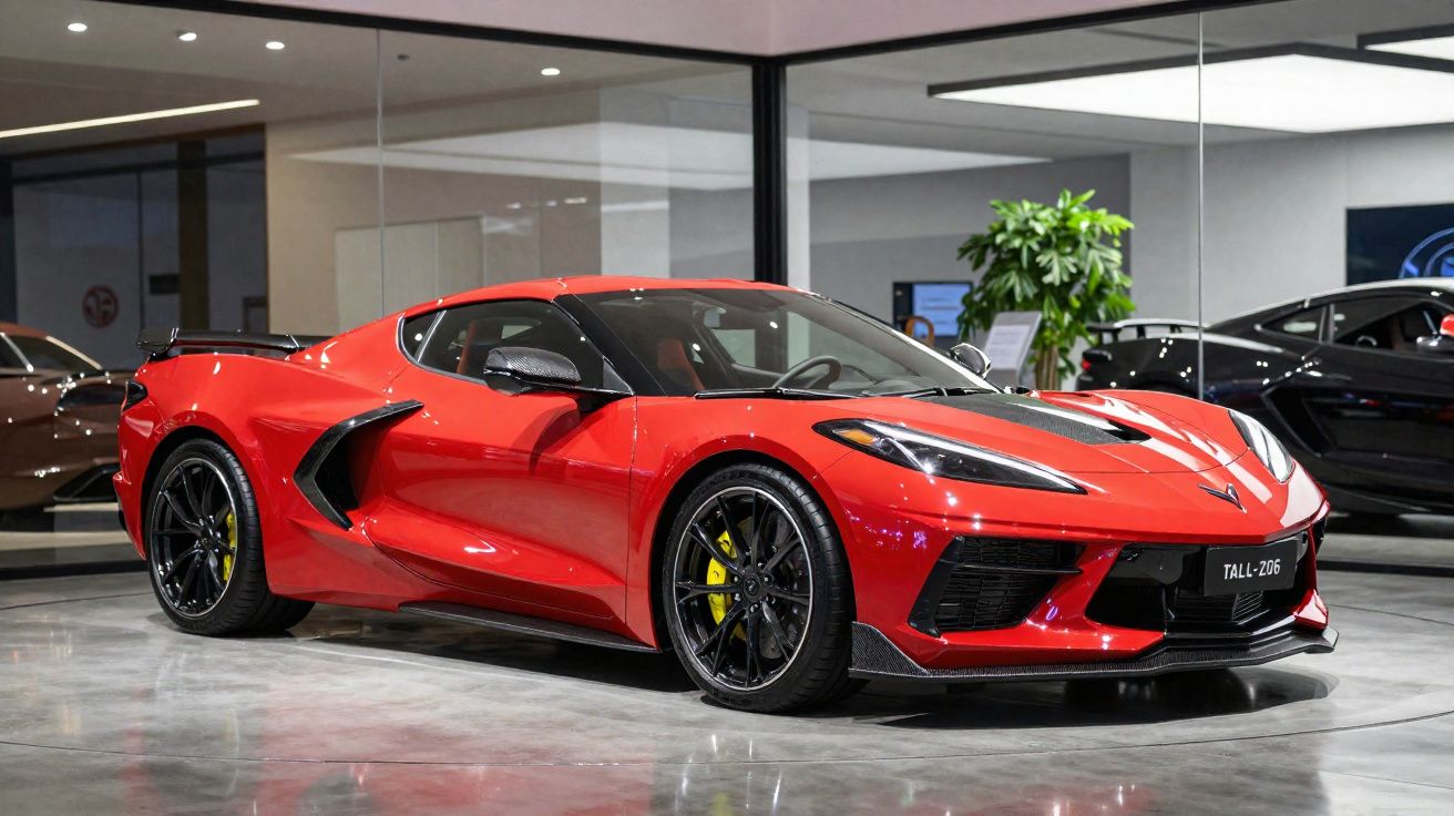 Carro esportivo vermelho brilhante com rodas pretas em showroom moderno iluminado.