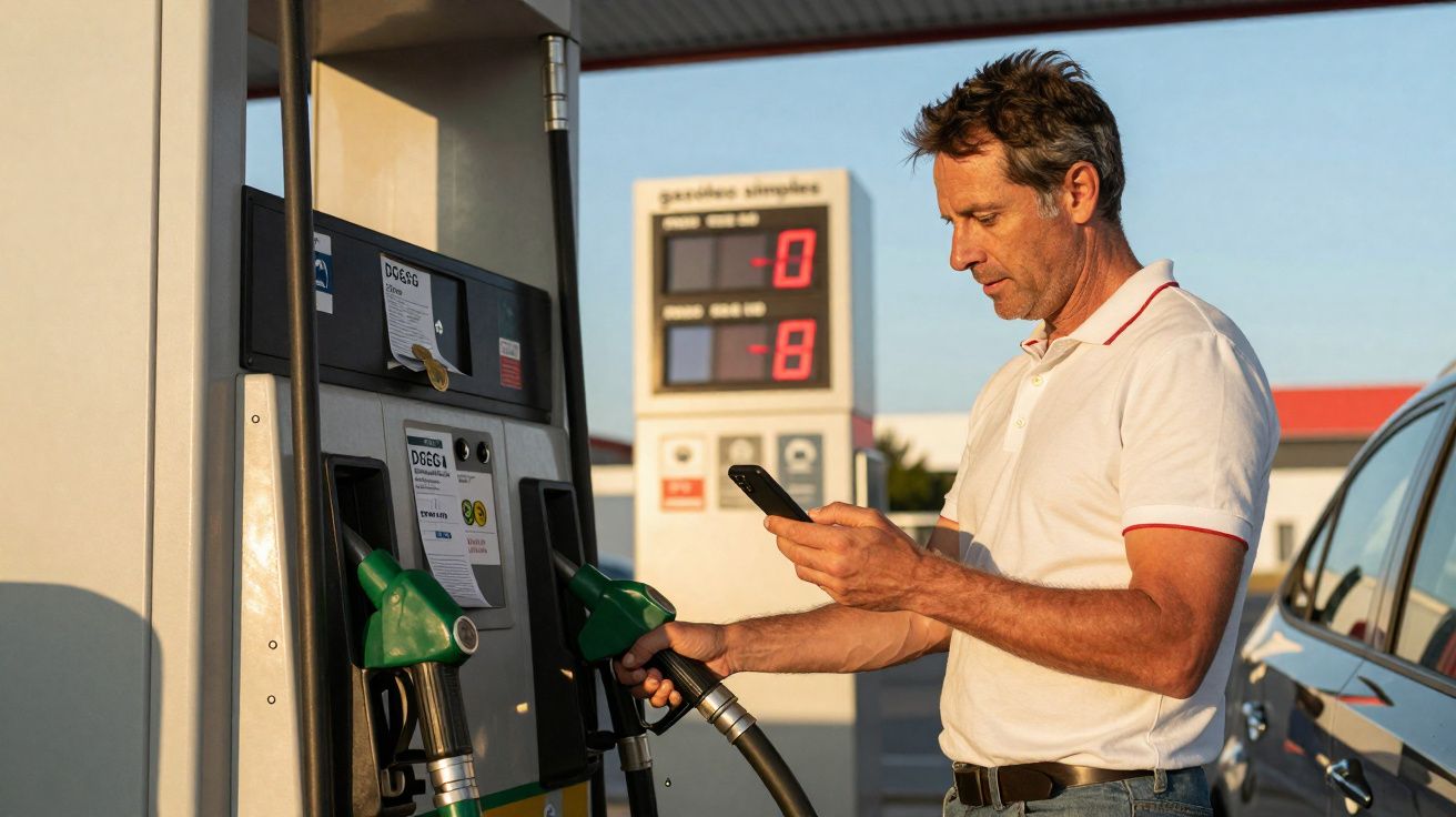 Homem de camisa branca abastecendo carro com bomba de combustível e olhando para celular no posto de gasolina.