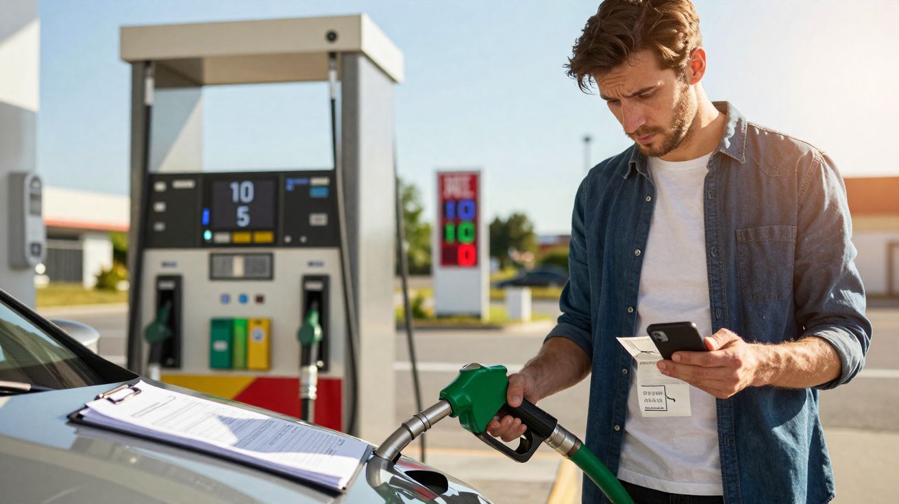 Homem abastece carro em posto de gasolina enquanto consulta celular, segurando bico da bomba.
