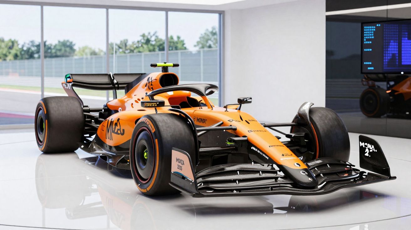 Carro de Fórmula 1 laranja da McLaren em garagem branca com janelas de vidro.