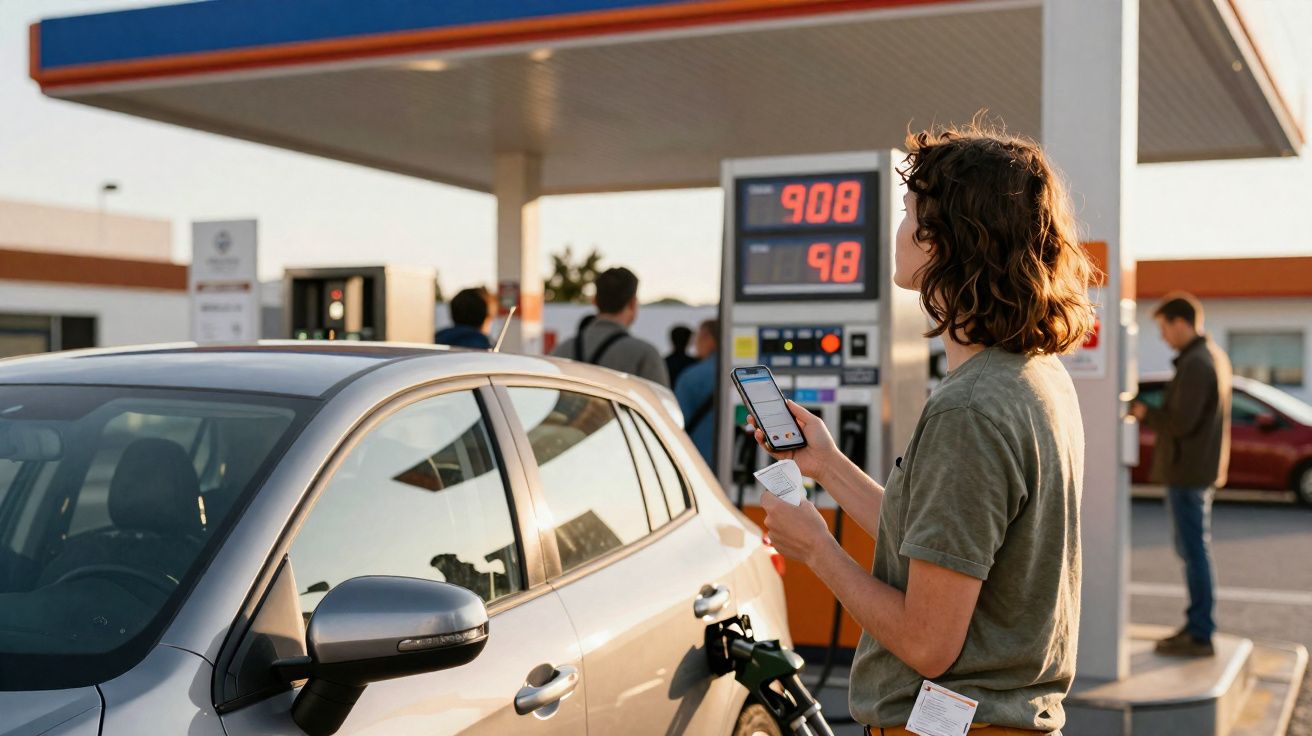 Pessoa segurando celular e recibo ao abastecer carro em posto de gasolina ao entardecer.