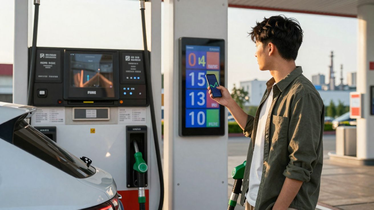 Homem verifica gráfico de preços no celular em posto de gasolina ao lado de carro branco.
