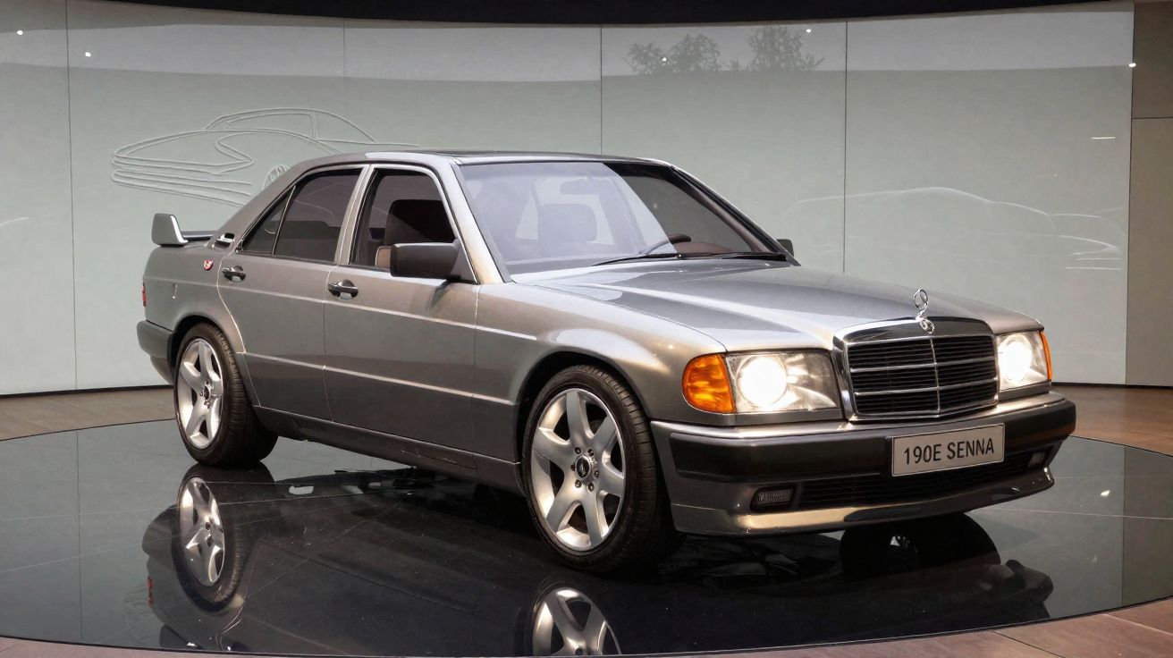 Carro Mercedes-Benz 190E Senna prata exposto em plataforma circular com faróis acesos.