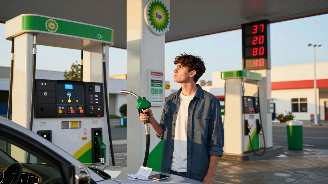 Jovem segurando bomba de combustível em posto de gasolina da Petrobras durante o dia.