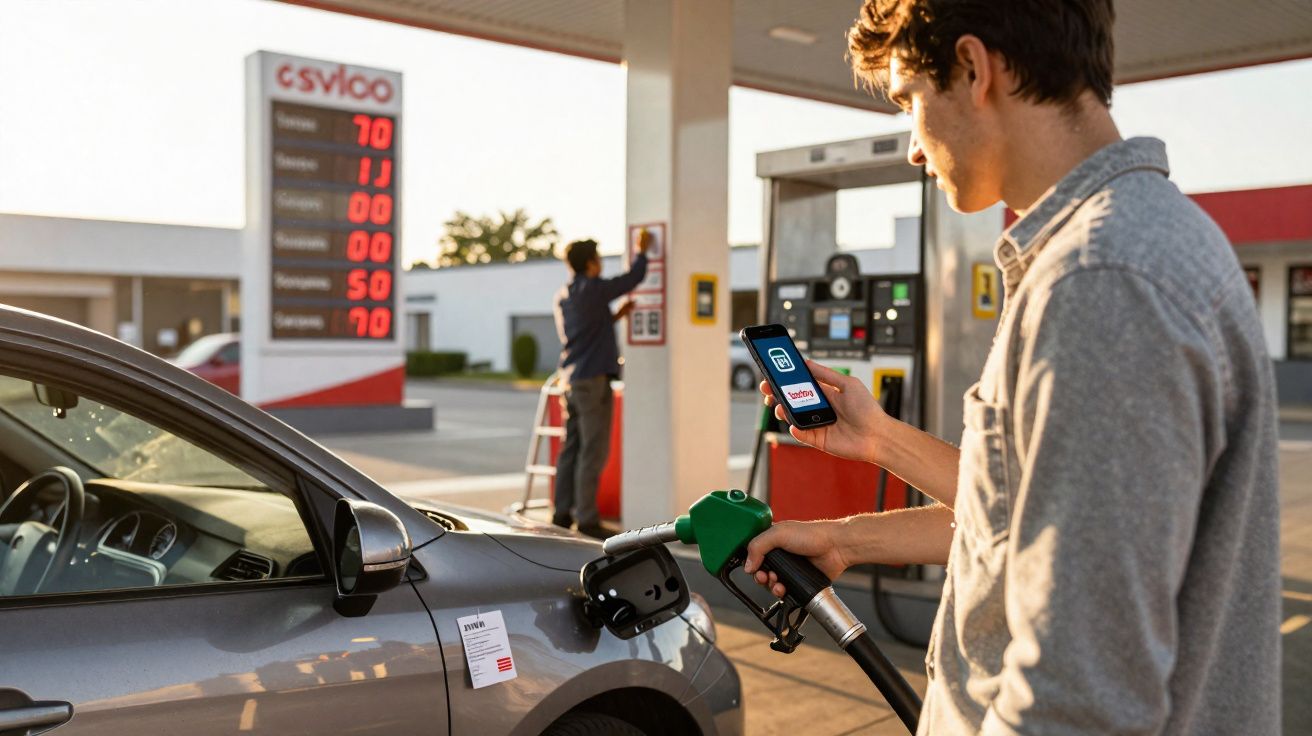 Homem abastecendo carro e usando smartphone para pagamento em posto de combustível ao entardecer.