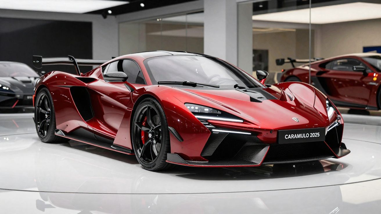 Carro esportivo vermelho com design aerodinâmico exposto em ambiente moderno e espelhado.