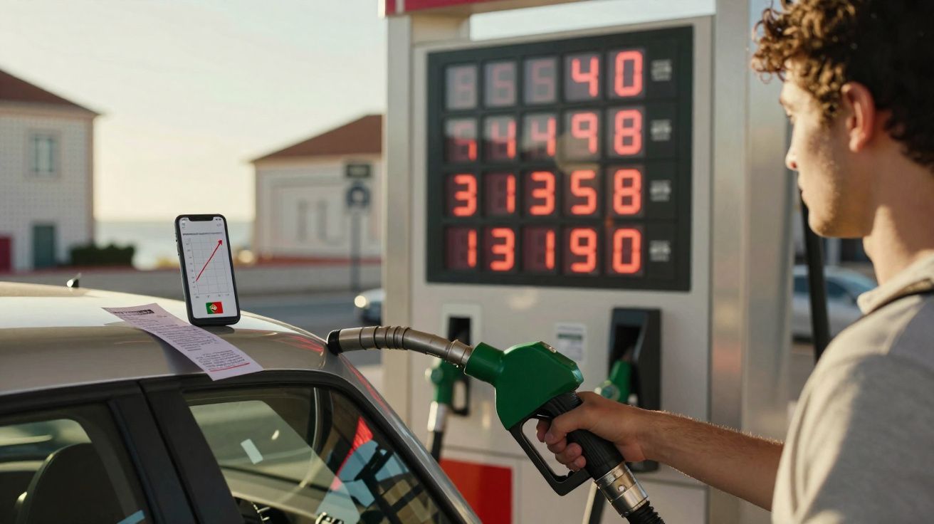 Homem abastecendo carro em posto de combustível com preços exibidos ao fundo e celular apoiado no carro.