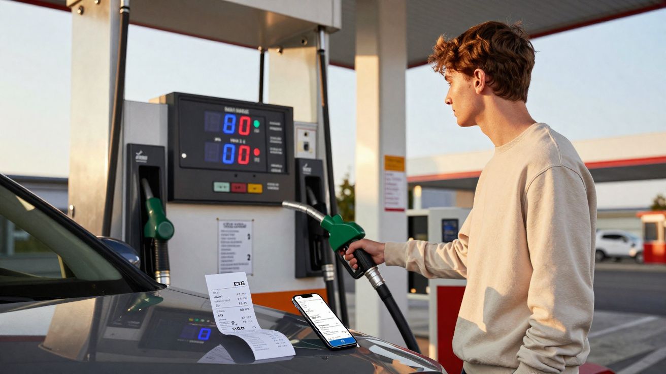 Jovem abastecendo carro em posto de gasolina com nota e celular apoiados no capô do veículo.